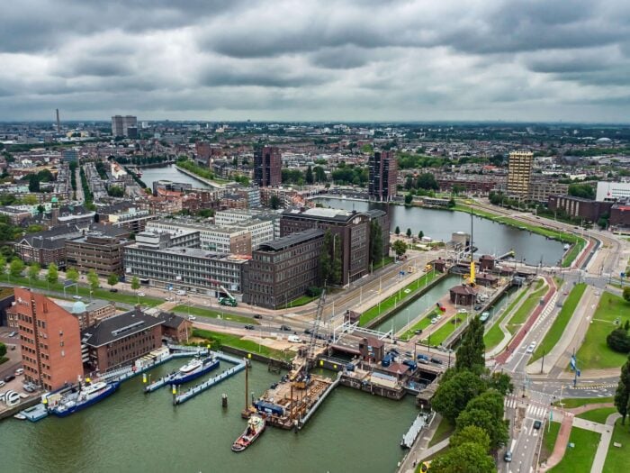 Aerial view of Rotterdam, where Dutch words can be heard
