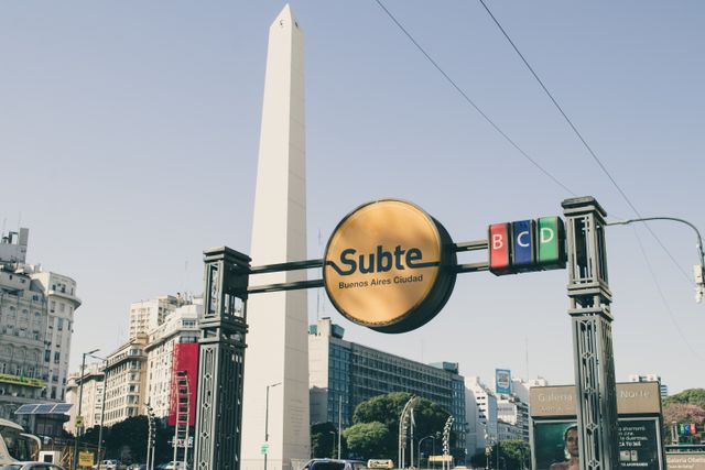 Buenos Aires Obelisk and Subte entrance in Argentina, where voseo is widely used.